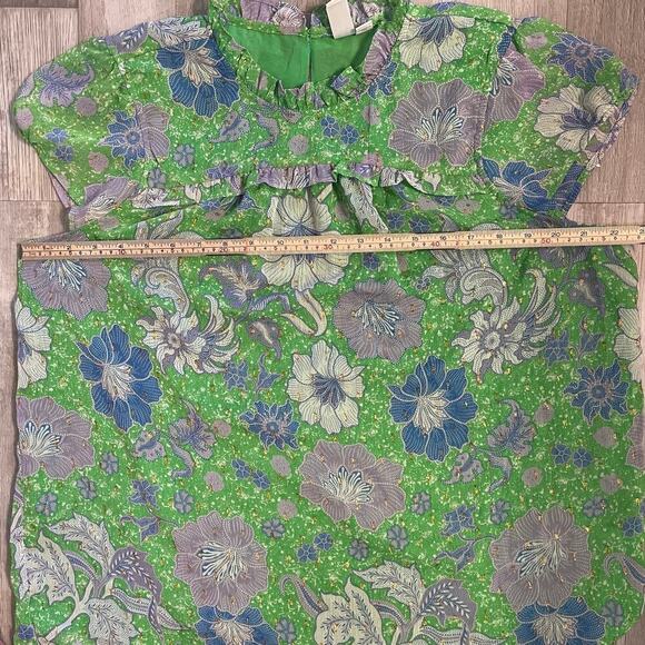 Joie Green Pleat Femme Floral Blouse Cap Sleeves Ruffle Crew Neck size XL - Picture 5 of 13